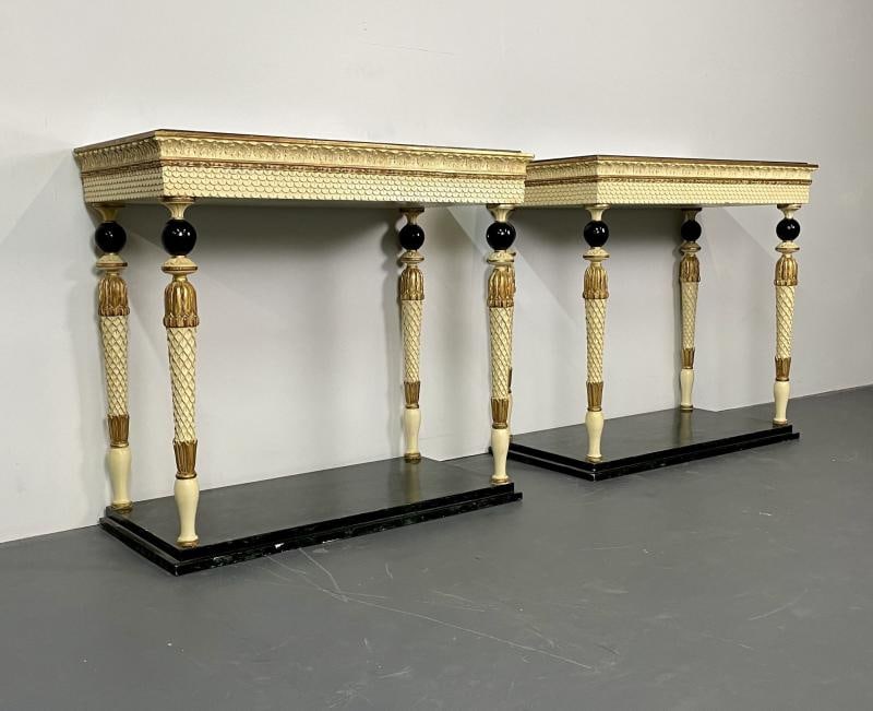 Pair of Maison Jansen Console Tables, Neoclassical, Marble Top, Paint Decorated - 4