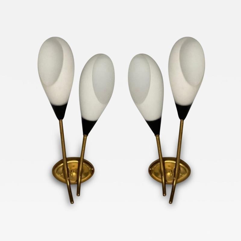 Italian Mid-Century Modern, Wall Sconces, Brass, Opaline Glass, Italy, 1950s - 2