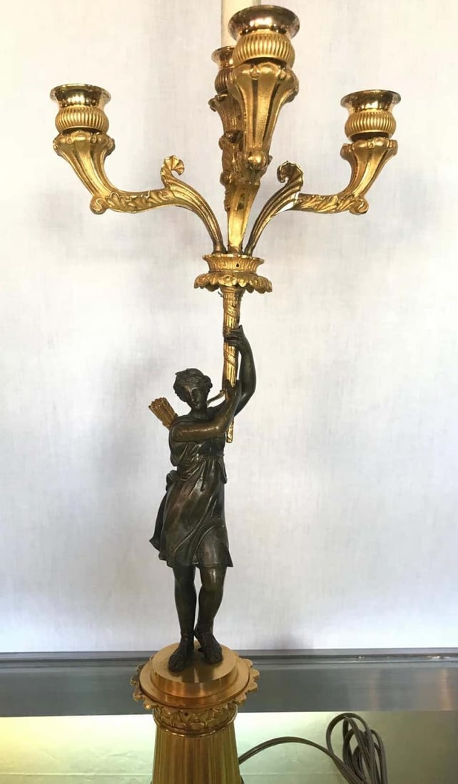 Empire Doré Bronze Candelabra Lamp Having a Patinated Woman Mounted as a Lamp - 6