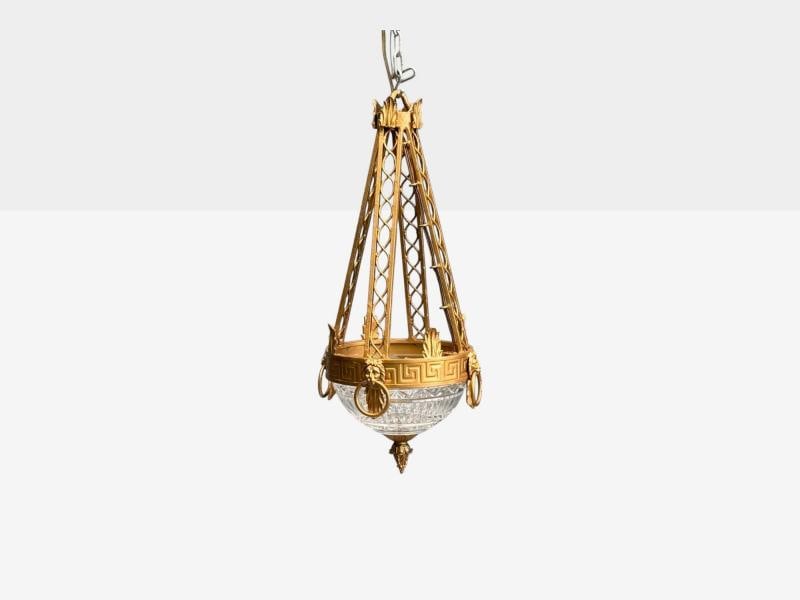 Maitland Smith, Gilt Metal, Glass, Greek Key Motif, Pendant Light, 21st C. - 6