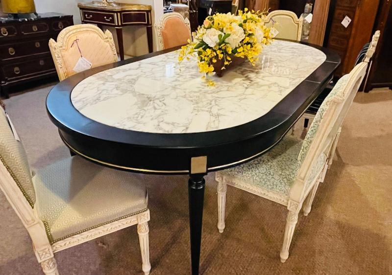 Hollywood Regency Jansen Style Ebony Center Dining Table Marble Top French - 11