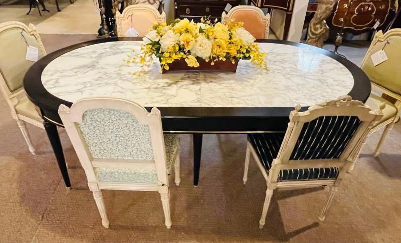 Hollywood Regency Jansen Style Ebony Center Dining Table Marble Top French - 5
