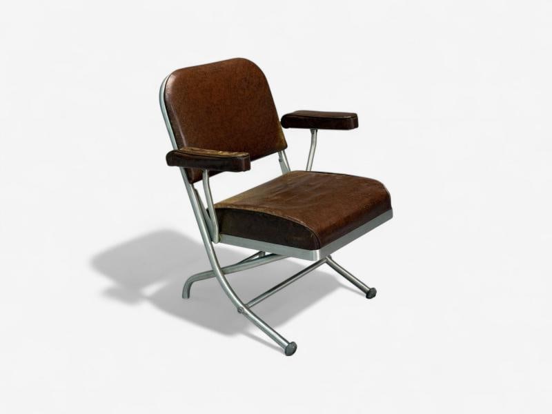 Warren McArthur, Brown Leather, Aluminum, Folding Chairs, USA c. 1935 - 2
