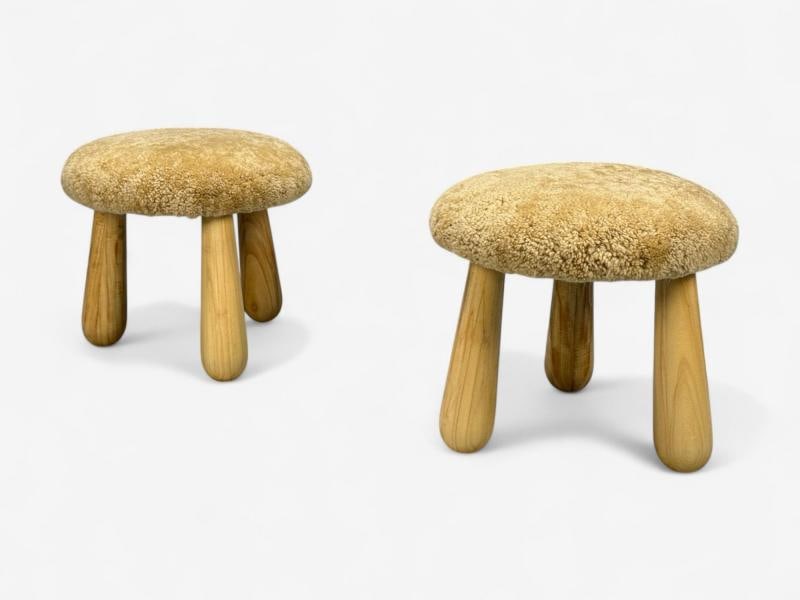 Danish Modern Style, Honey Sheepskin, Maple, Shearling Footstools, 21st C. - 3