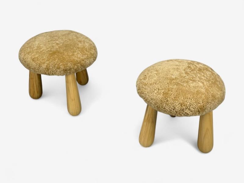 Danish Modern Style, Honey Sheepskin, Maple, Shearling Footstools, 21st C. - 4