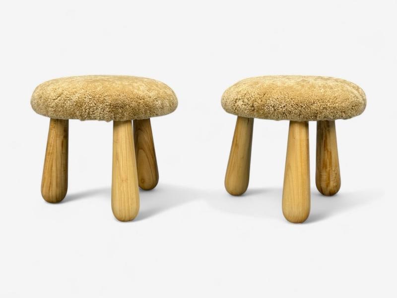 Danish Modern Style, Honey Sheepskin, Maple, Shearling Footstools, 21st C. - 8