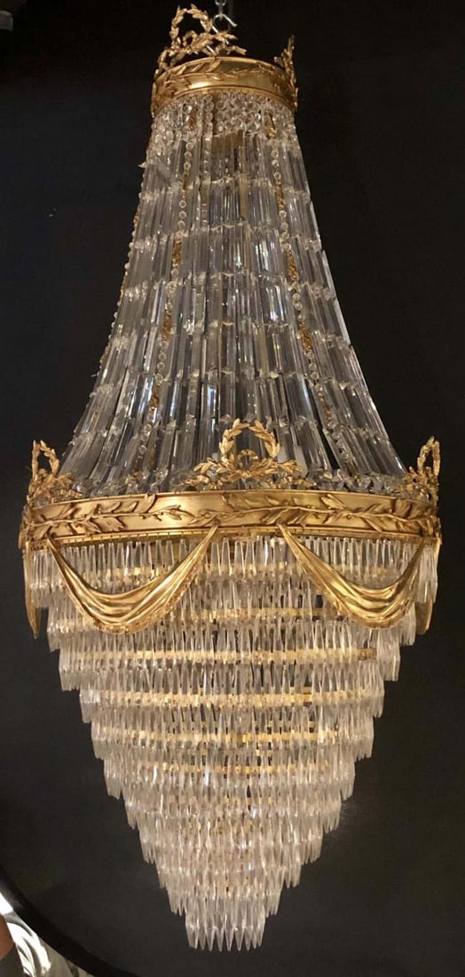 Pair of Palatial Bronze and Crystal Swag Design Louis XVI Style Chandeliers - 6