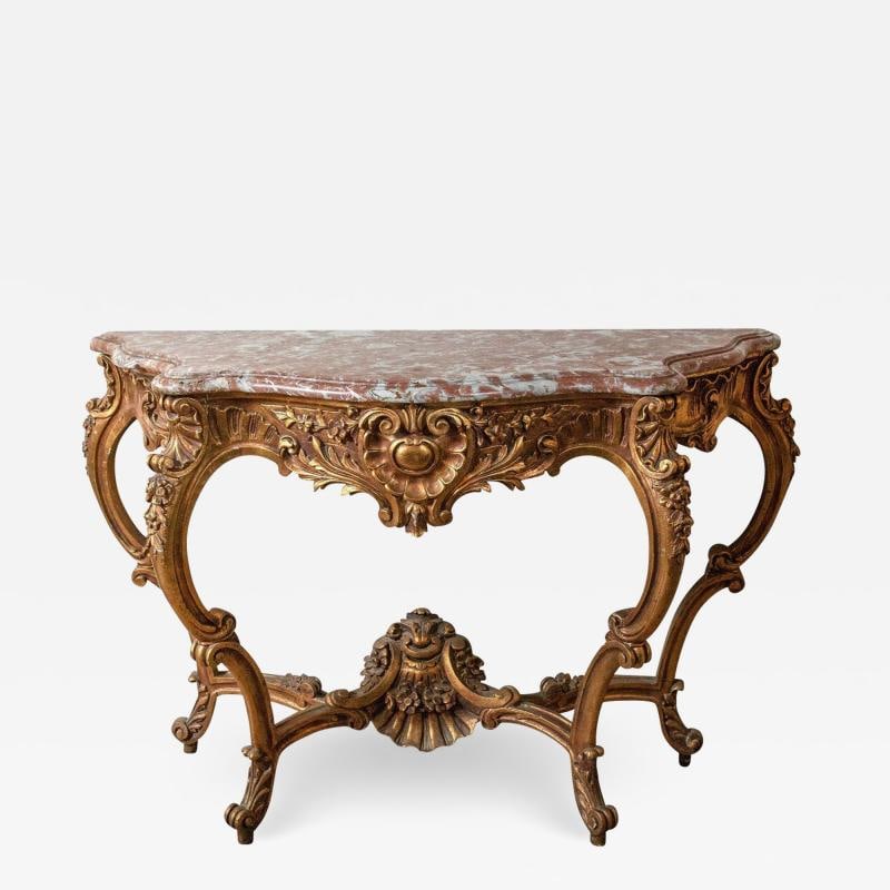 Marble-Top Louis XV Style Console Table by Jansen Exquisite Carved Details 1920s - 2