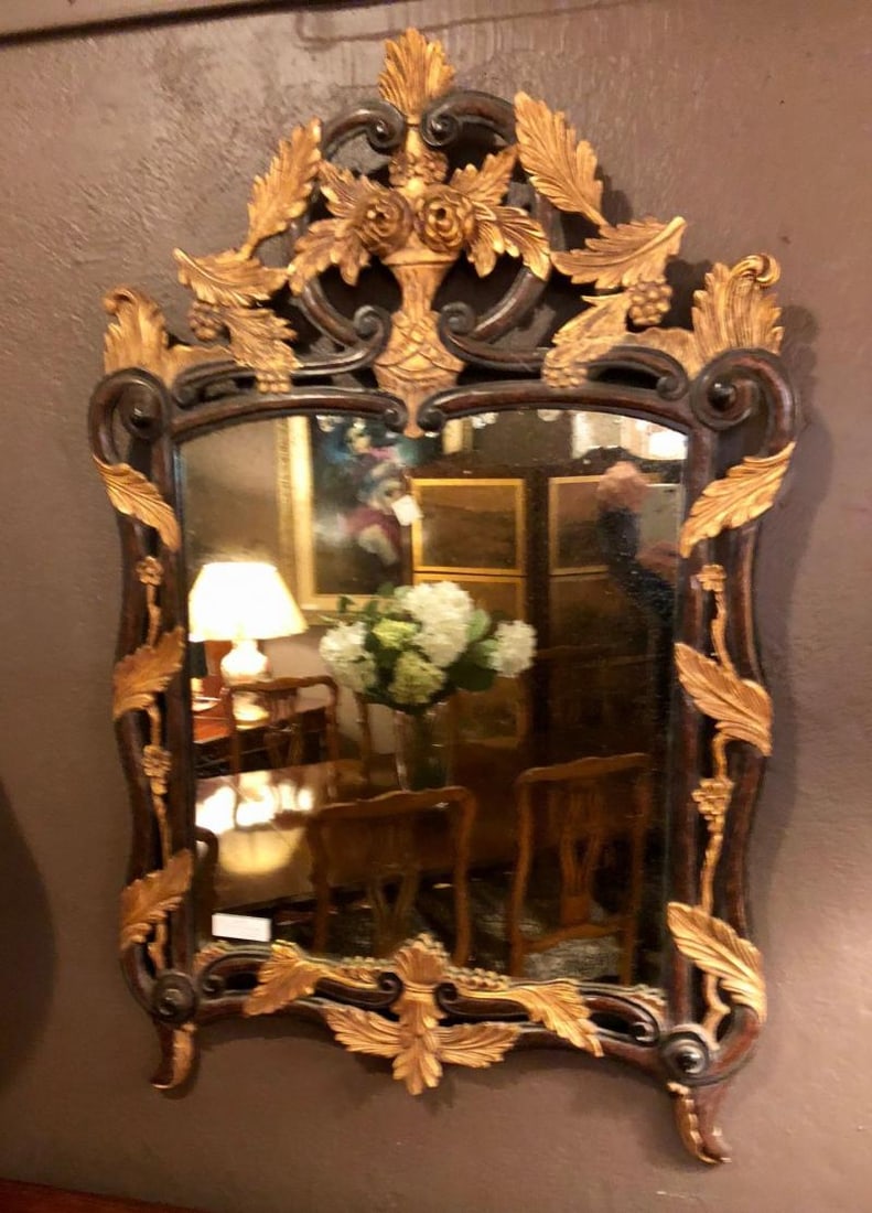 French Regency Antique Mirror of Mahogany and Gilt with Basket of Roses Design - 2