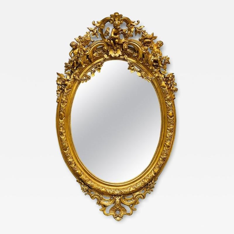 19th Century Palatial Giltwood Wall or Console Mirror Adorning Three Cherubs: Title: 19th Century Palatial Giltwood Wall or Console Mirror Adorning Three Cherubs Description: Description 1: Spectacular late 19th century palatial giltwood wall or console mirror adorning a group