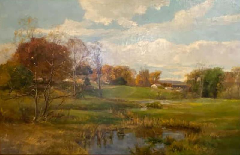 Olive Parker Black Signed Oil on Canvas Autumn Landscape Giltwood Gold Frame: Title: Olive Parker Black Signed Oil on Canvas Autumn Landscape Giltwood Gold Frame Description: Description 1: A fine estate oil on canvas laid down on board by Olive Parker Black (American