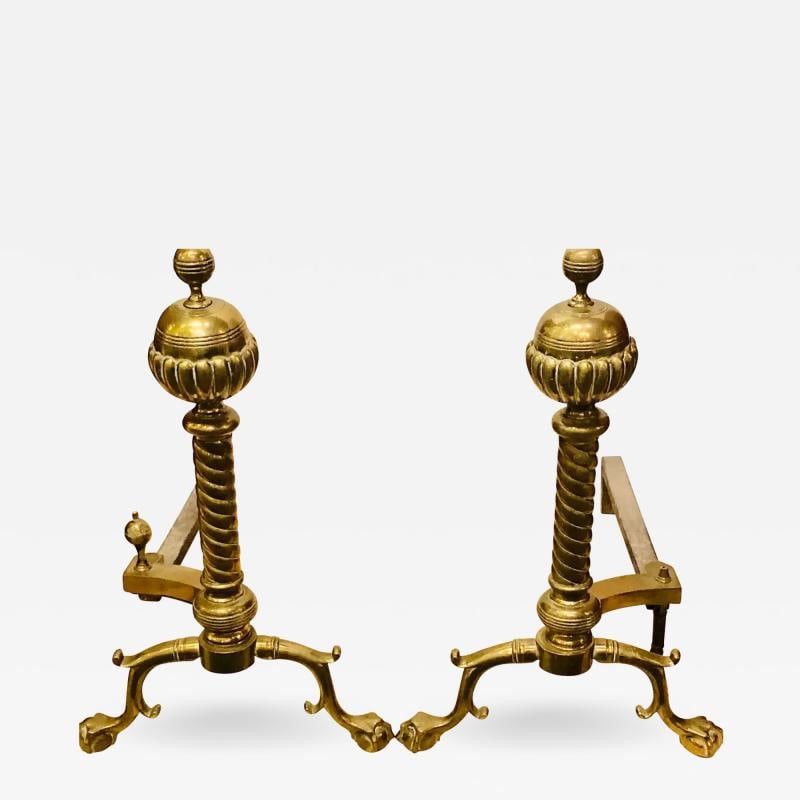 Pair of Brass Andirons circa 1880 Ball and Claw Feet of Twisted Column Form - 2