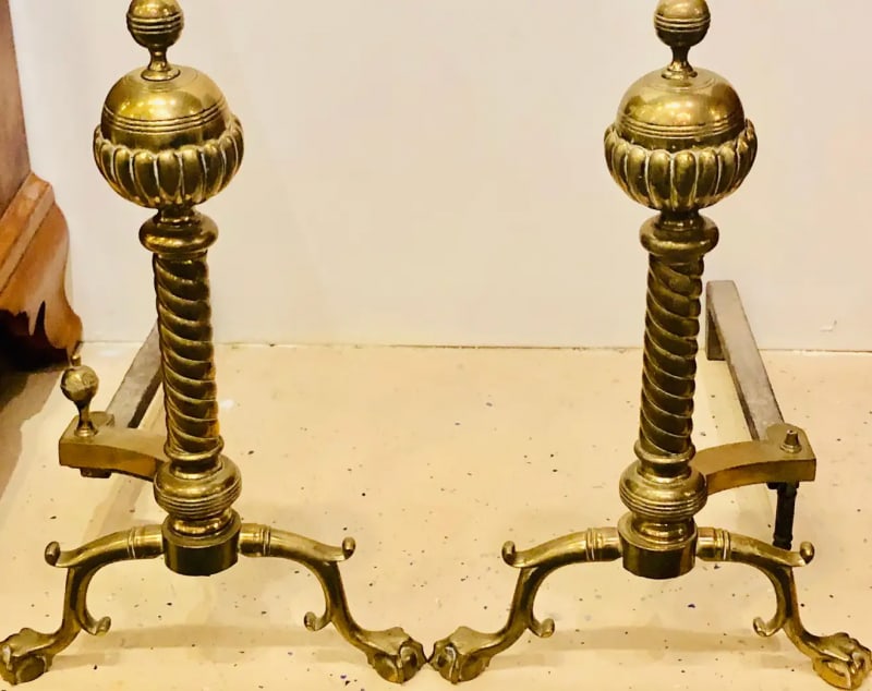 Pair of Brass Andirons circa 1880 Ball and Claw Feet of Twisted Column Form - 3