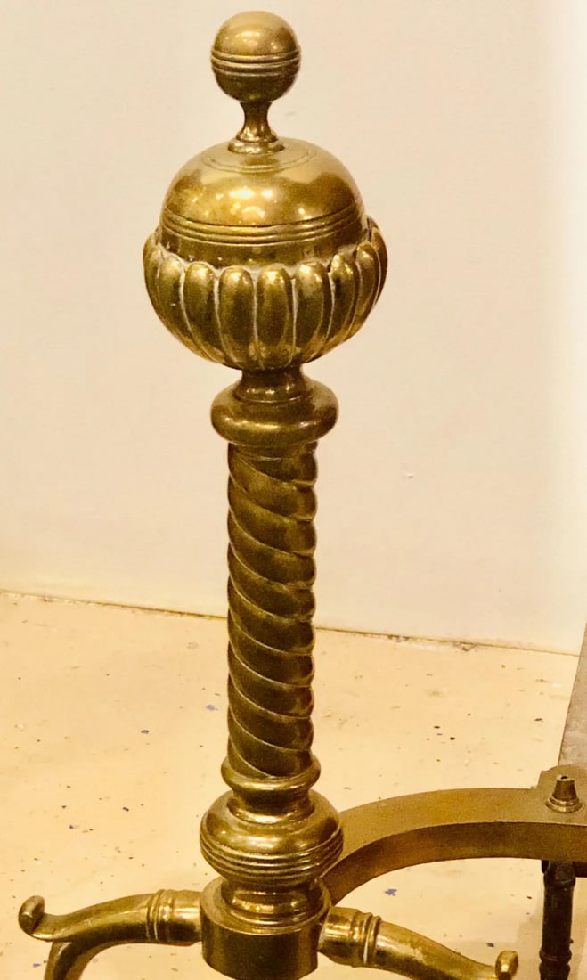 Pair of Brass Andirons circa 1880 Ball and Claw Feet of Twisted Column Form - 8