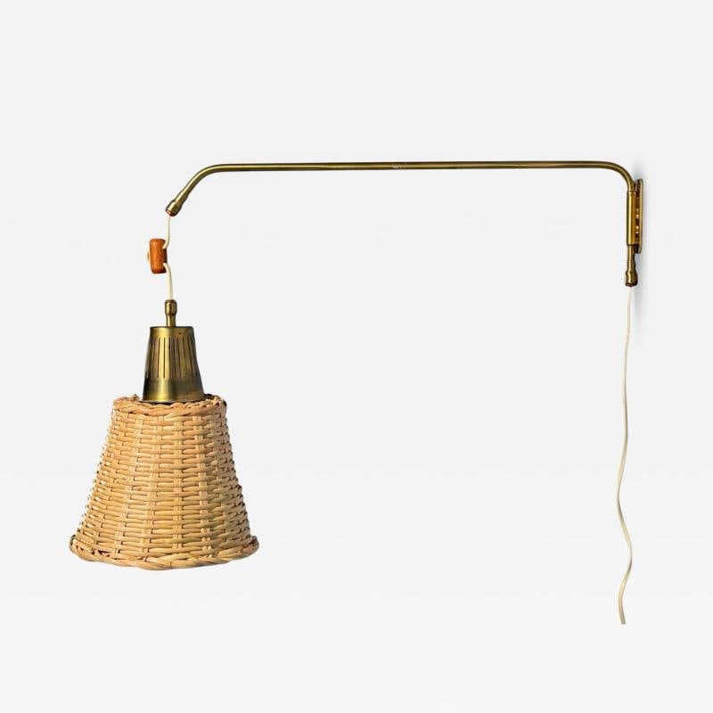 Ateljé Lyktan, Articulating Wall Light, Brass, Cane, Teak, Sweden, 1970s - 2