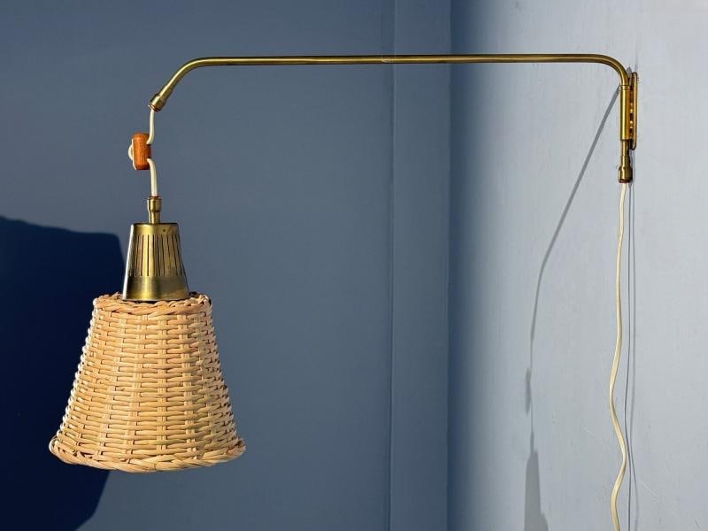 Ateljé Lyktan, Articulating Wall Light, Brass, Cane, Teak, Sweden, 1970s - 4