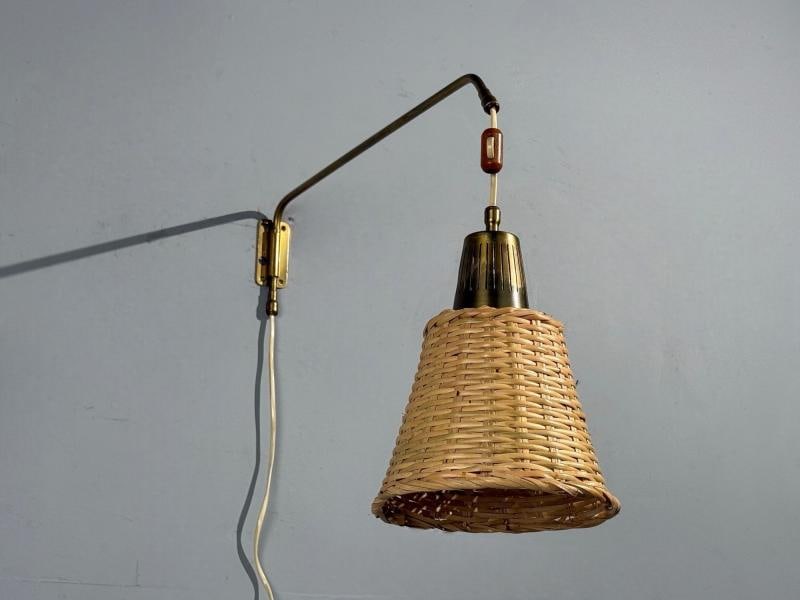 Ateljé Lyktan, Articulating Wall Light, Brass, Cane, Teak, Sweden, 1970s - 5