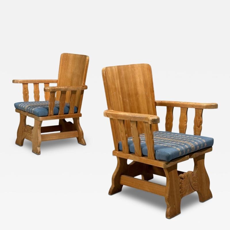 Krogenæs Møbler, Armchairs, Pine, Blue Fabric, Norway, 1970s: Title: Krogenæs Møbler, Armchairs, Pine, Blue Fabric, Norway, 1970s Description: Description 1: Krogenæs Møbler, Scandinavian Mid-Century Modern, Armchairs, Pine, Blue Fabric, Norway, 1970s Pair