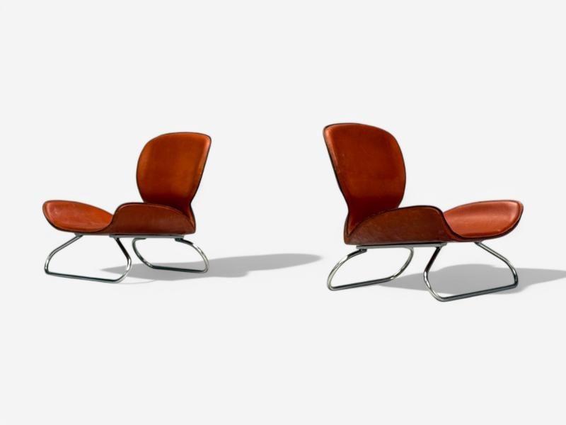 KOI, Modern, Cognac Leather, Nickel, K-3 Low Lounge Chairs, England, 2000s - 5
