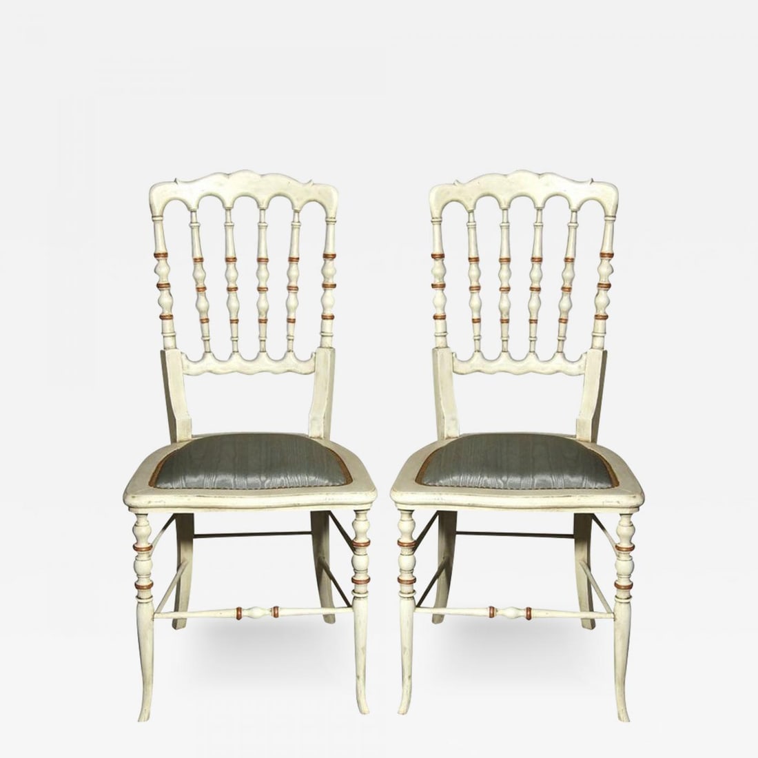 Gustavian, Dining Chairs, Spindle Back, White Paint, Giltwood, Blue Fabric: Title: Gustavian, Dining Chairs, Spindle Back, White Paint, Giltwood, Blue Fabric Description: Description 1: Gustavian, Dining Chairs, Spindle Back, White Paint, Giltwood, Blue Fabric Set of 5 white 