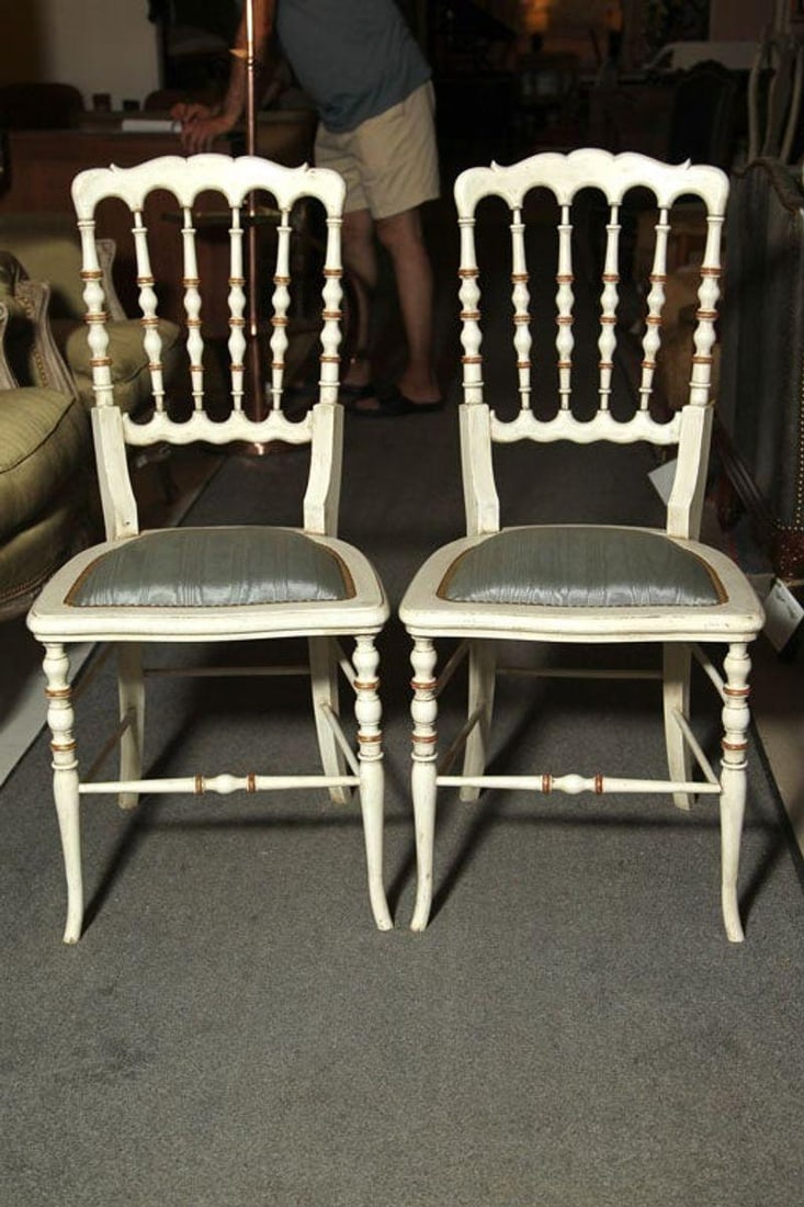 Gustavian, Dining Chairs, Spindle Back, White Paint, Giltwood, Blue Fabric - 3