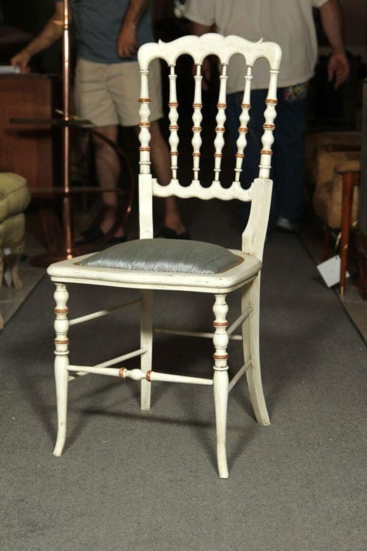 Gustavian, Dining Chairs, Spindle Back, White Paint, Giltwood, Blue Fabric - 4