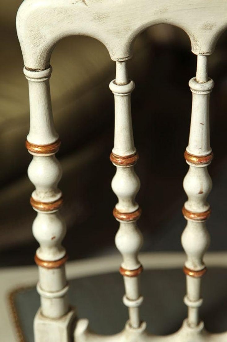 Gustavian, Dining Chairs, Spindle Back, White Paint, Giltwood, Blue Fabric - 5