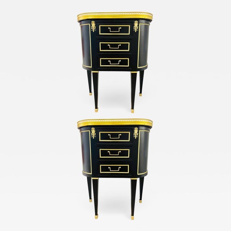 Pair of Jansen Inspired Marble-Top Galleried Ebonized End Tables / Nightstands (1 of 12)