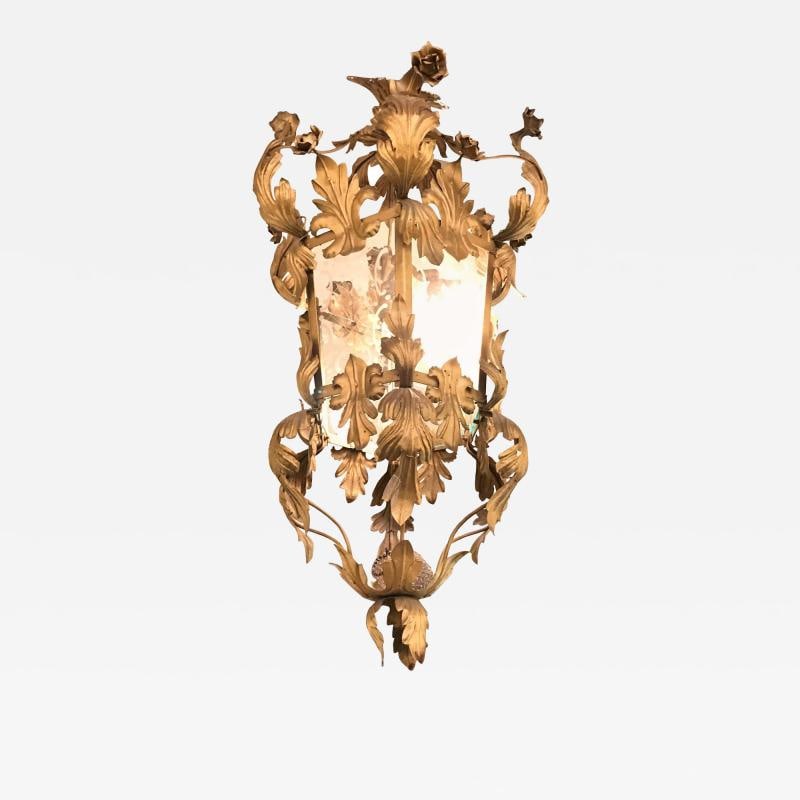 French Gilt Metal Etched Glass Hanging Lantern, 1920s (1 of 10)