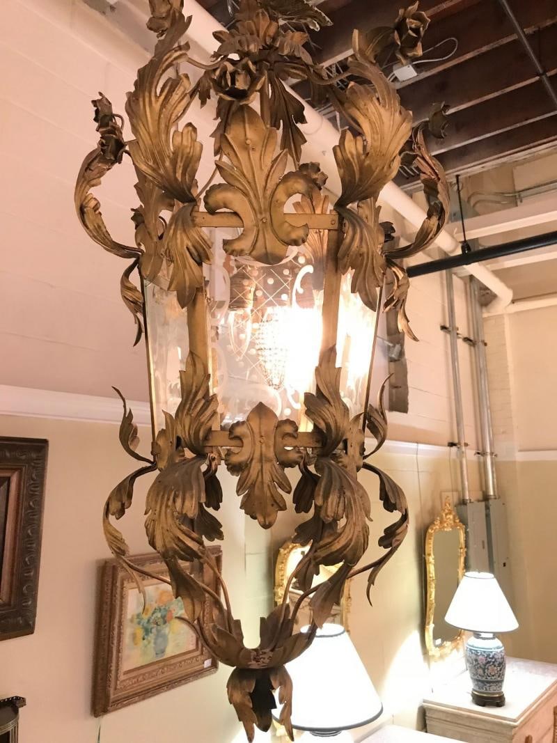 French Gilt Metal Etched Glass Hanging Lantern, 1920s - 2