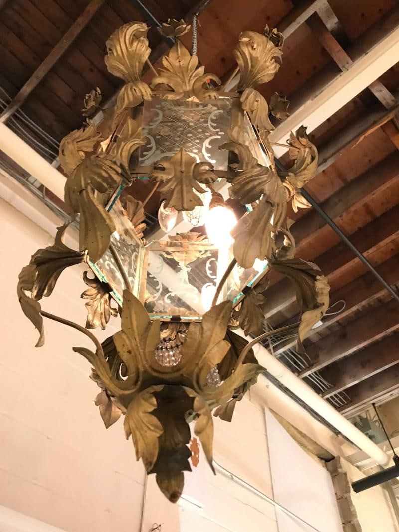 French Gilt Metal Etched Glass Hanging Lantern, 1920s - 4