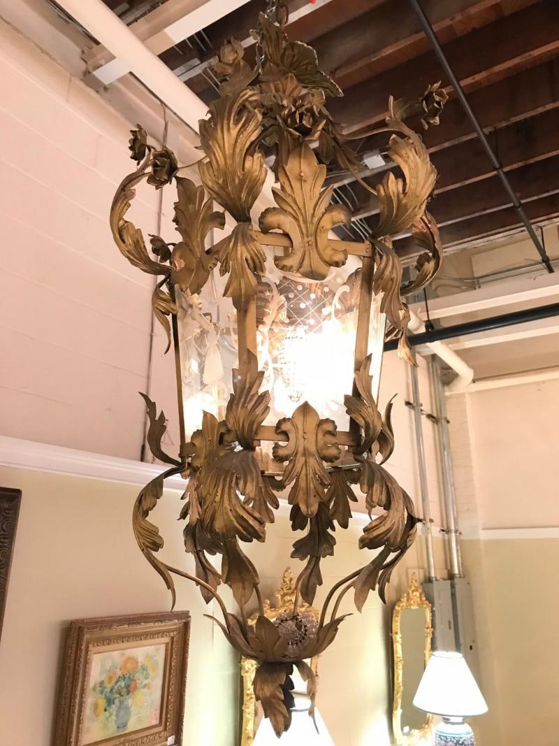 French Gilt Metal Etched Glass Hanging Lantern, 1920s - 5