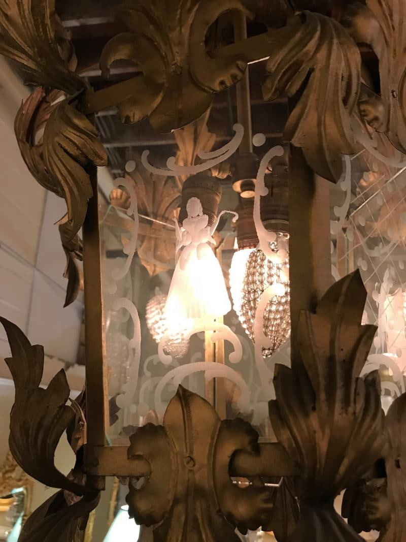 French Gilt Metal Etched Glass Hanging Lantern, 1920s - 6