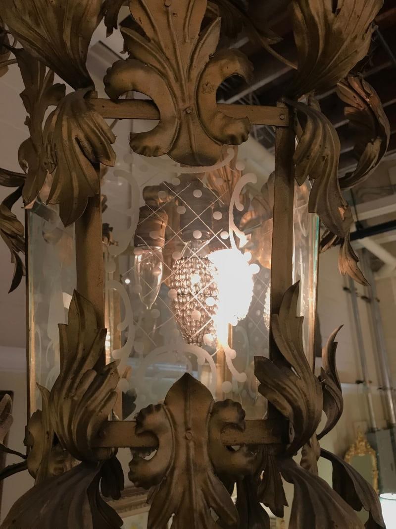 French Gilt Metal Etched Glass Hanging Lantern, 1920s - 7