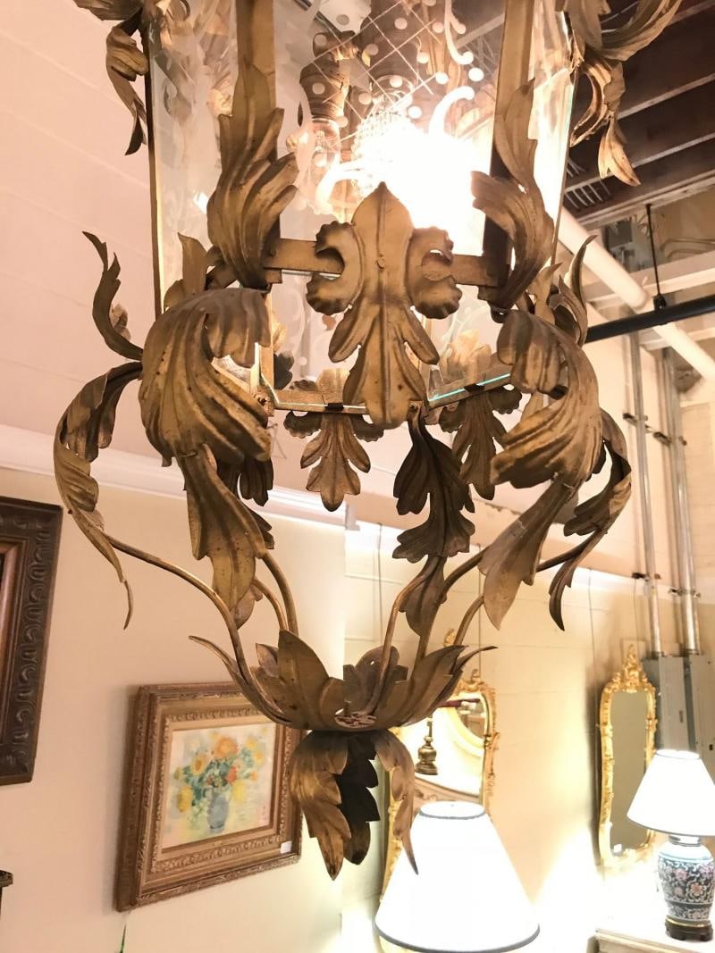 French Gilt Metal Etched Glass Hanging Lantern, 1920s - 8