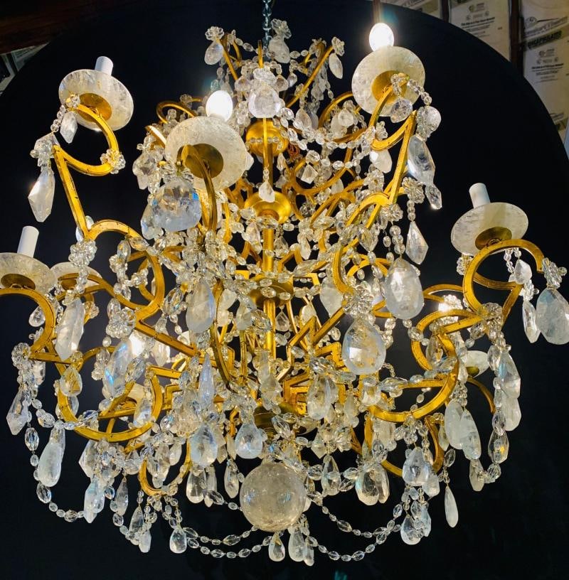 12 Light Gilt Metal Rock Crystal Chandelier. Hollywood Regency in Style - 3