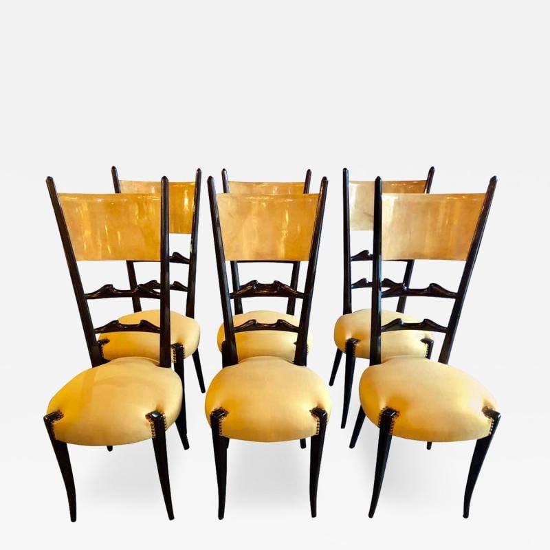 Set of Six Italian Aldo Tura Side Dining Chairs in Goatskin and Parchment: Title: Set of Six Italian Aldo Tura Side Dining Chairs in Goatskin and Parchment Description: Description 1: Set of Six Italian Aldo Tura side dining chairs in Goatskin and Parchment. A fine newly