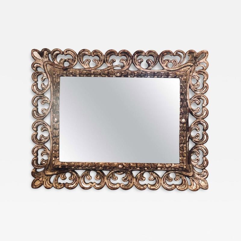 Hollywood Regency French Silvered Leaf Wall or Console Mirror: Title: Hollywood Regency French Silvered Leaf Wall or Console Mirror Description: Description 1: A Rococo French silvered leaf wall or console mirror. This finely carved frame having all over silver l