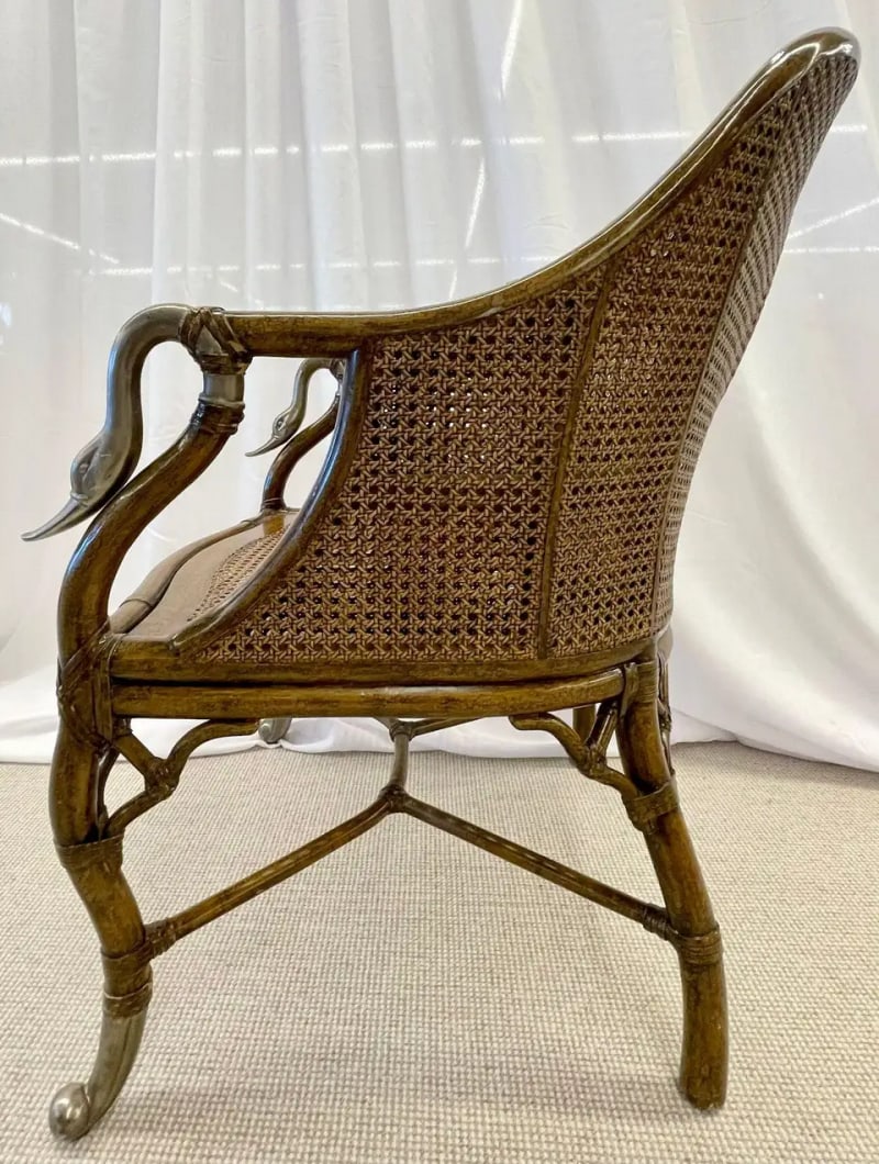 Pair of French Bergère Swan Arm, Lounge Chairs, Silver Metal, Cane, Tortoise - 10