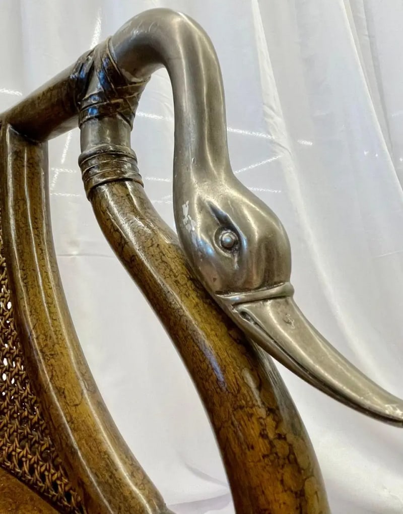 Pair of French Bergère Swan Arm, Lounge Chairs, Silver Metal, Cane, Tortoise - 13