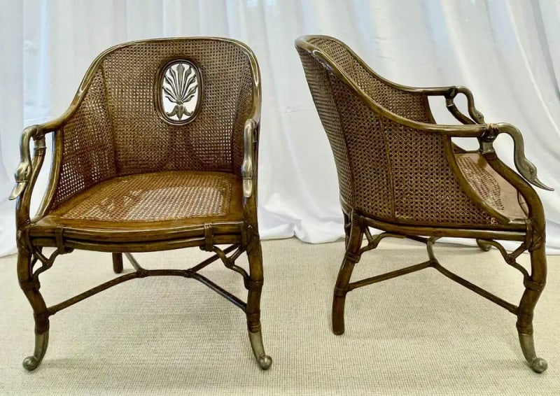 Pair of French Bergère Swan Arm, Lounge Chairs, Silver Metal, Cane, Tortoise - 3