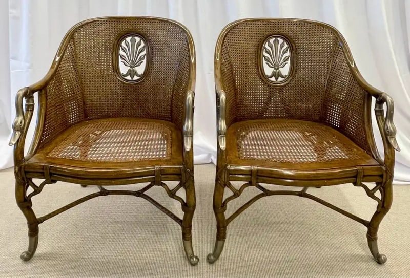 Pair of French Bergère Swan Arm, Lounge Chairs, Silver Metal, Cane, Tortoise - 4