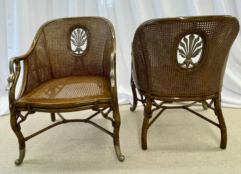 Pair of French Bergère Swan Arm, Lounge Chairs, Silver Metal, Cane, Tortoise - 5