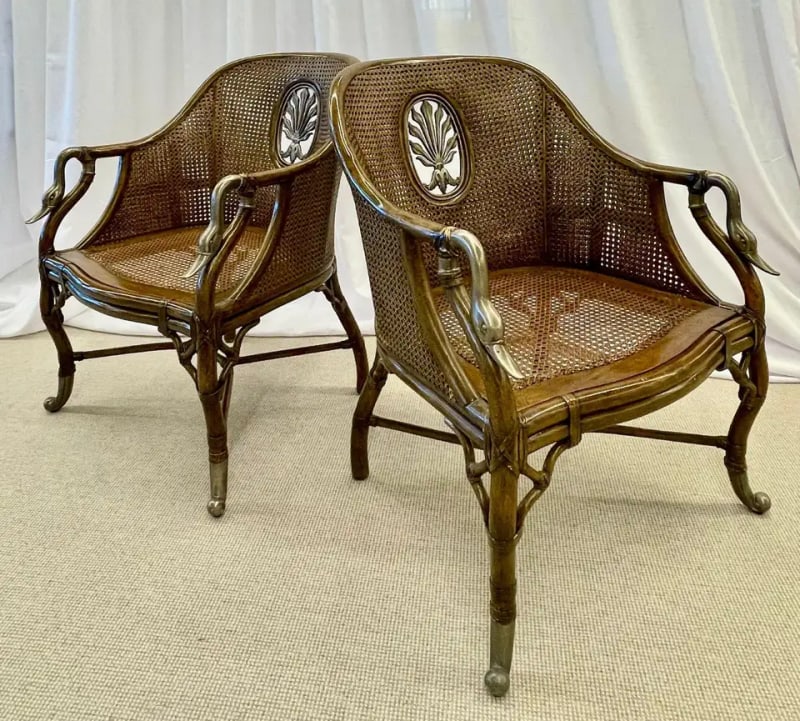 Pair of French Bergère Swan Arm, Lounge Chairs, Silver Metal, Cane, Tortoise - 6