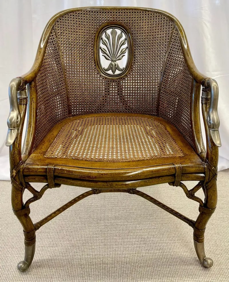 Pair of French Bergère Swan Arm, Lounge Chairs, Silver Metal, Cane, Tortoise - 7