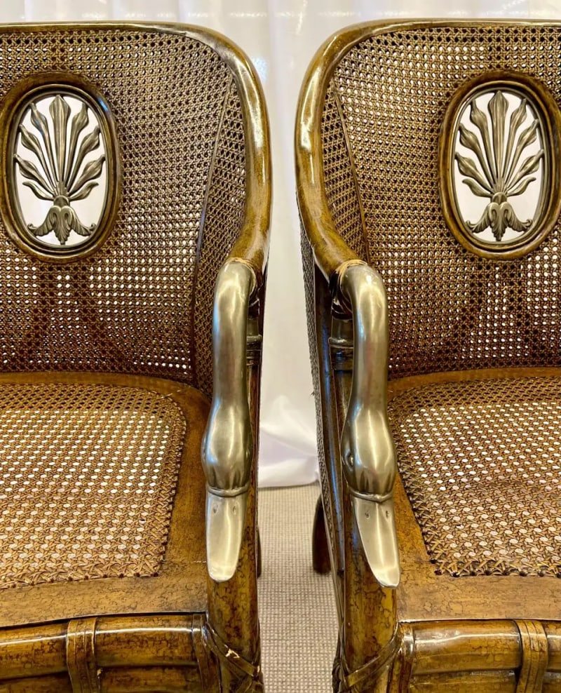 Pair of French Bergère Swan Arm, Lounge Chairs, Silver Metal, Cane, Tortoise - 8