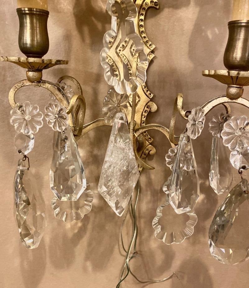 Pair of Two-Light Covered Mixed Crystal and Rock Crystal Bronze Wall Sconces - 2