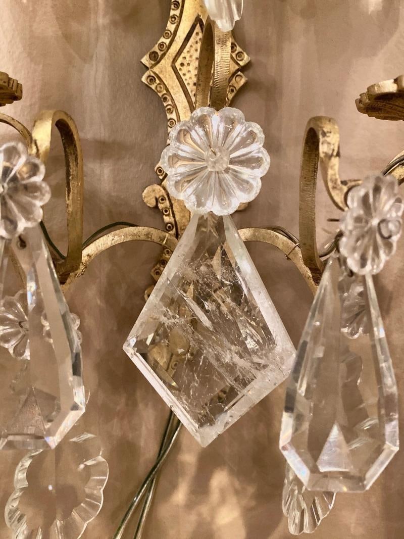 Pair of Two-Light Covered Mixed Crystal and Rock Crystal Bronze Wall Sconces - 3