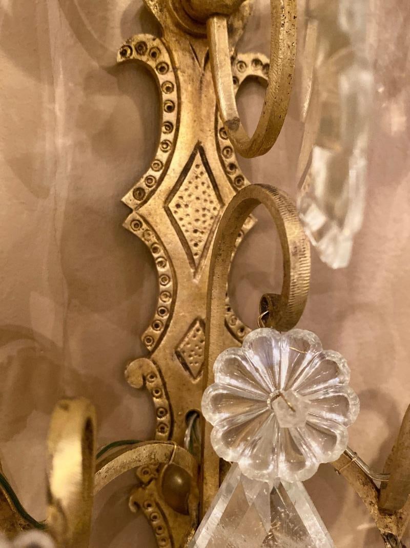 Pair of Two-Light Covered Mixed Crystal and Rock Crystal Bronze Wall Sconces - 4
