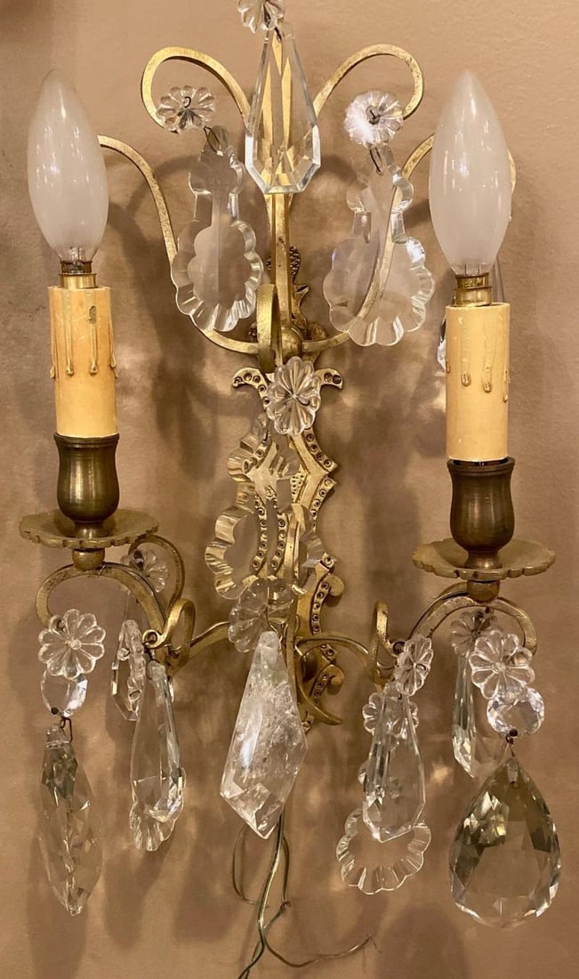 Pair of Two-Light Covered Mixed Crystal and Rock Crystal Bronze Wall Sconces - 6